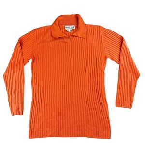 Vintage Chez Silk Sweater Polo M Orange Ribbed 100% Silk‎ Collared Long Sleeve